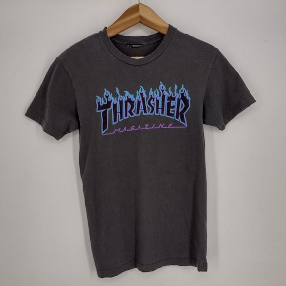 Thrasher Classic Flame Logo Skate Magazine Gray Blue & Purple T-Shirt - Picture 1 of 5